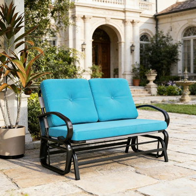 Banc à bascule bleu pour terrasse avec filet respirant, coussins et structure en acier, idéal pour se détendre à l'extérieur, 120 cm L x 75 cm P x 82 cm H, 2 places, coussins à bascule pour un glissement en douceur, utilisation sur balcon, poids : 180 kg