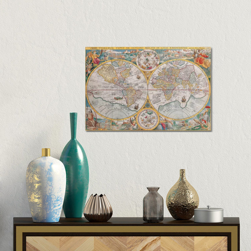 Carte antique du monde 1594, impression sur toile, H 12 po x l 18 po x P 1,5 po, Toile tendue, Pas de tapis