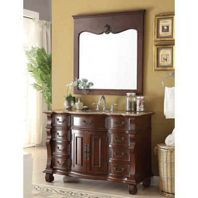 Meuble-lavabo de salle de bain Hopkinton traditionnel autoportant de 127 cm (50 pouces) en bois de cerisier avec miroir, lavabo simple, dessus brun baltique, entièrement assemblé, collection Benton