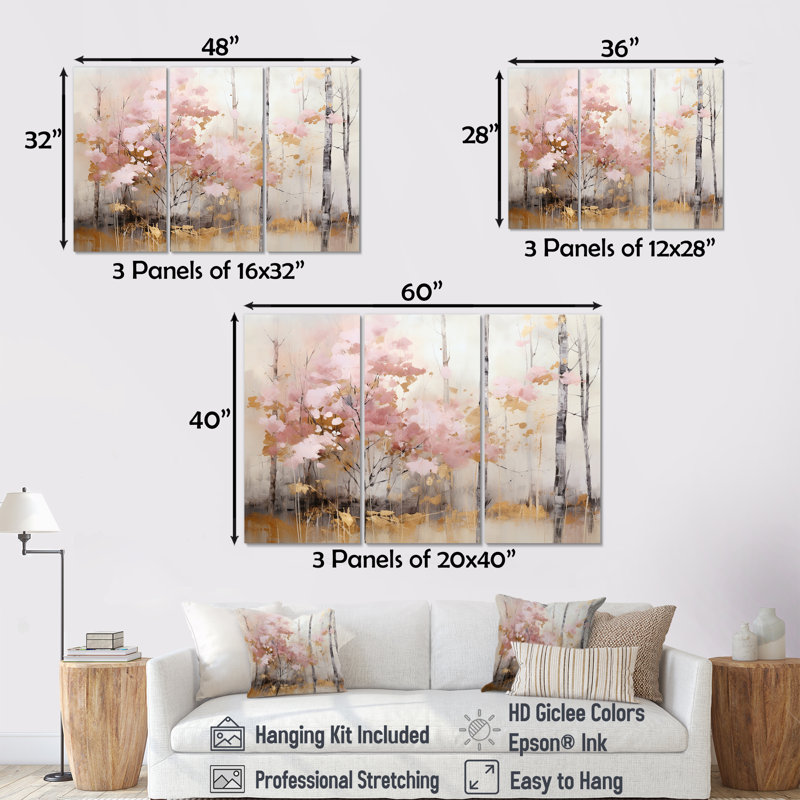 Minimalisme, forêt rose et or - ensemble d'art mural sur toile forêt, Toile tendue, H 32 po x l 48 po x P 1 po