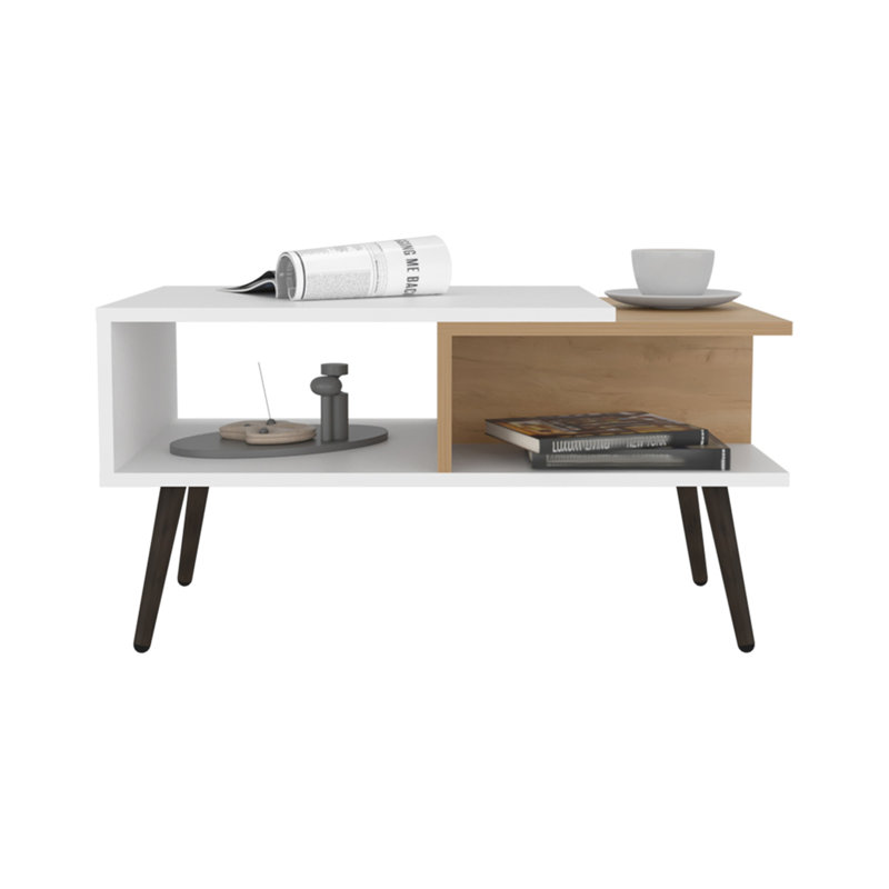 White And Natural Oak Coffee Table With Open Storage And Conical Legs, 15.6" H x 29.5" L x 16.5" W
