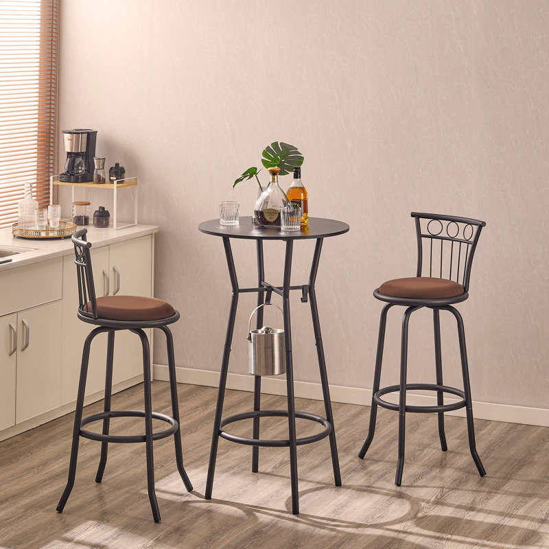 Ensemble de 3 tables et chaises de bar pour salle à manger, chaises de bar à hauteur de comptoir industrielle avec dossier en métal et siège en tissu