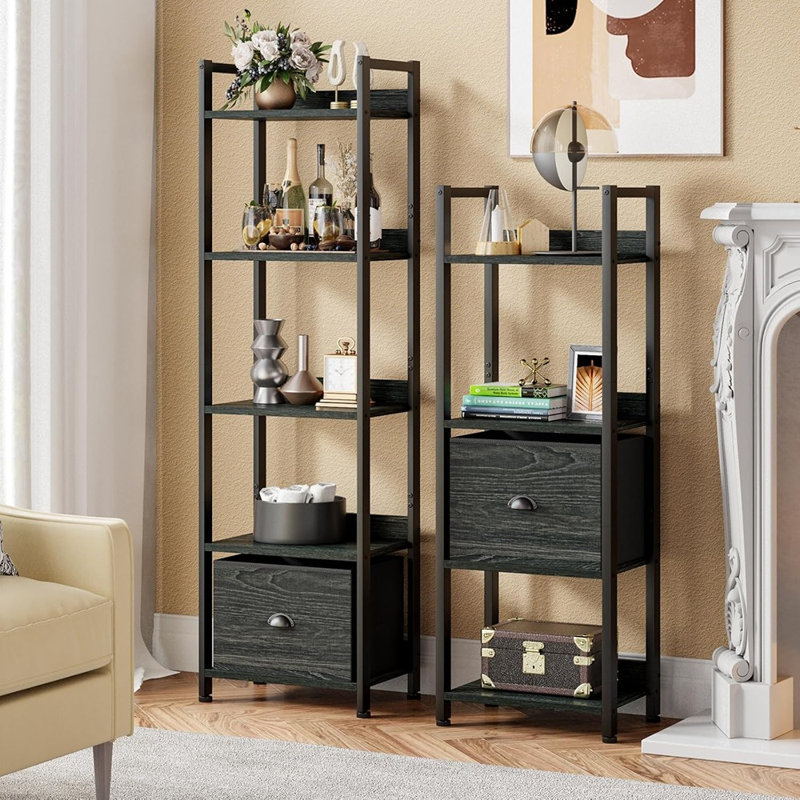 5 Tier Bookshelf With Drawer, Kitchen Bakers Rack With Storage, Tall Narrow Bookcase, Industrial Free Standing Display Shelf, Wood And Metal Book Shelf For Bedroom, Living Room, Black