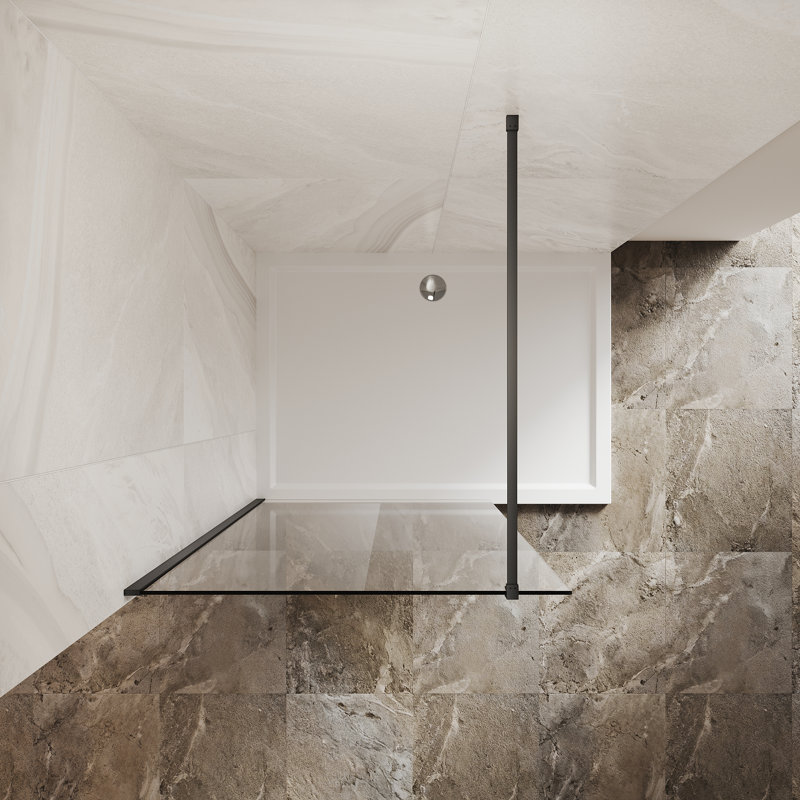 36"Wx74"H Frameless Shower Screen, 8mm Clear Tempered Glass, Aluminum Frame With Storage Shelf, Matte Black