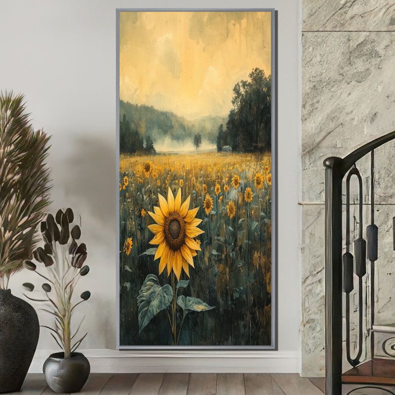 Drax Sunflowers On A Foggy Farm - Tournesols, reproductions encadrées, H 60 po x l 28 po, Argent argent