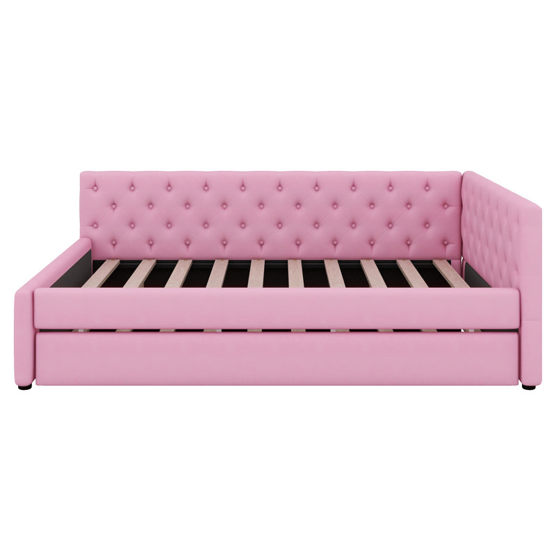Full XL Size Upholstered Daybed With Pull-Out Trundle Bed, L Shaped Corner Sofabed Frame With Tufted Design Backrest, Pink