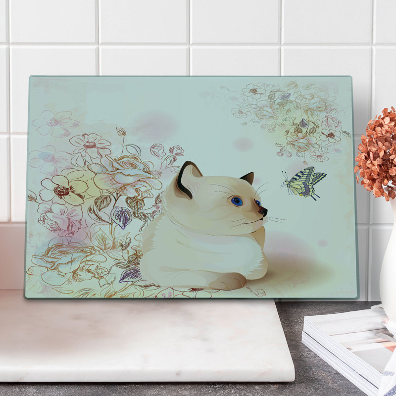Ambesonne Cat Cutting Board Large Size Pastel Kitty and Butterflies Multicolor