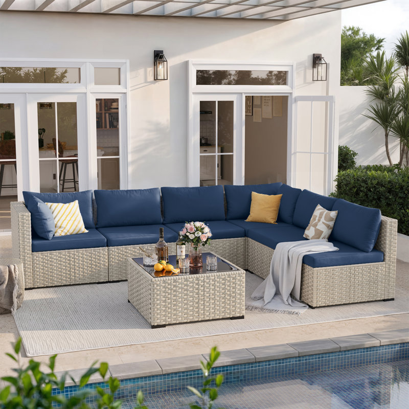 Ensemble de conversation de patio 7 pièces avec table basse et coussins, Marine