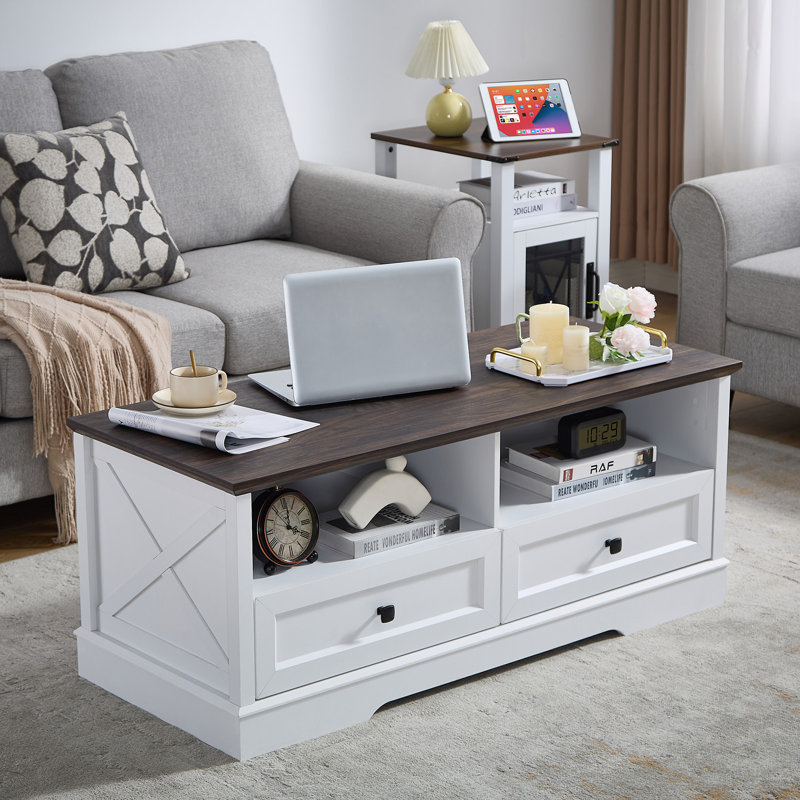 White and Dark Brown Rectangular Wood Coffee Table with Storage