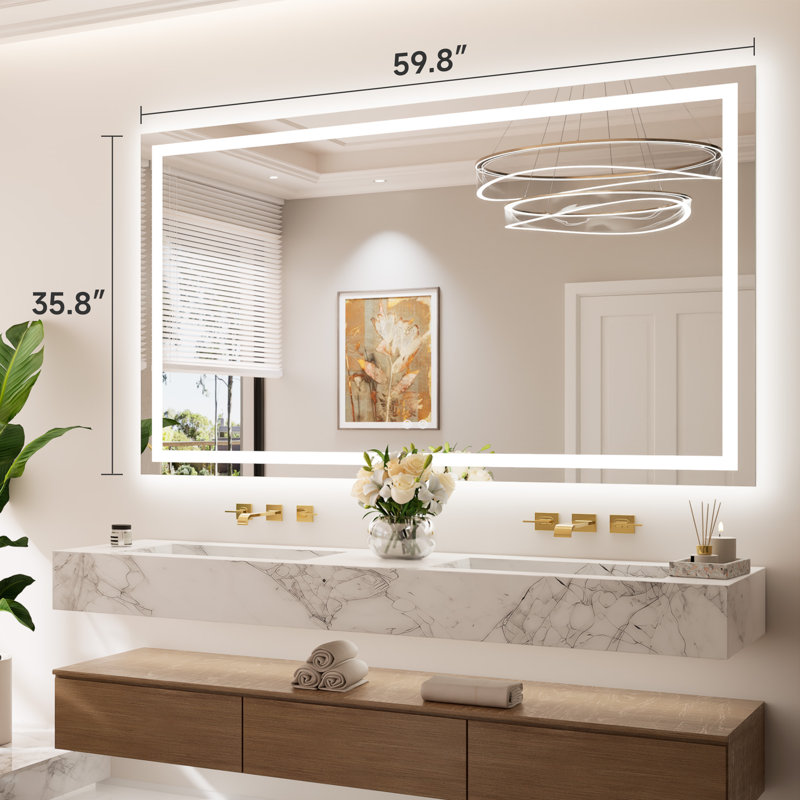 Front & Back LED Lighted Tempered Glass Dimmable Anti Fog Bathroom Vanity Mirror, 60" x 36"