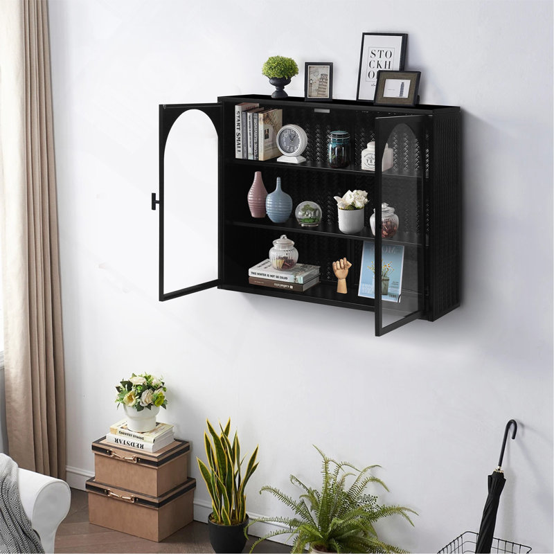 Cabinet 27. 56" Glass Doors Modern Two-Door Wall With Featuring Three-Tier Storage For Entryway Living Room Bathroom Dining Room, Wall Cabinet With Characteristic Woven Pattern, Black