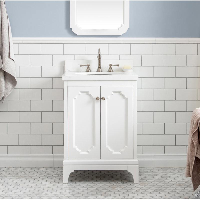 Grand meuble-lavabo de comptoir en marbre d'ingénierie avec robinet Carrara, Blanc pur, Crochet
