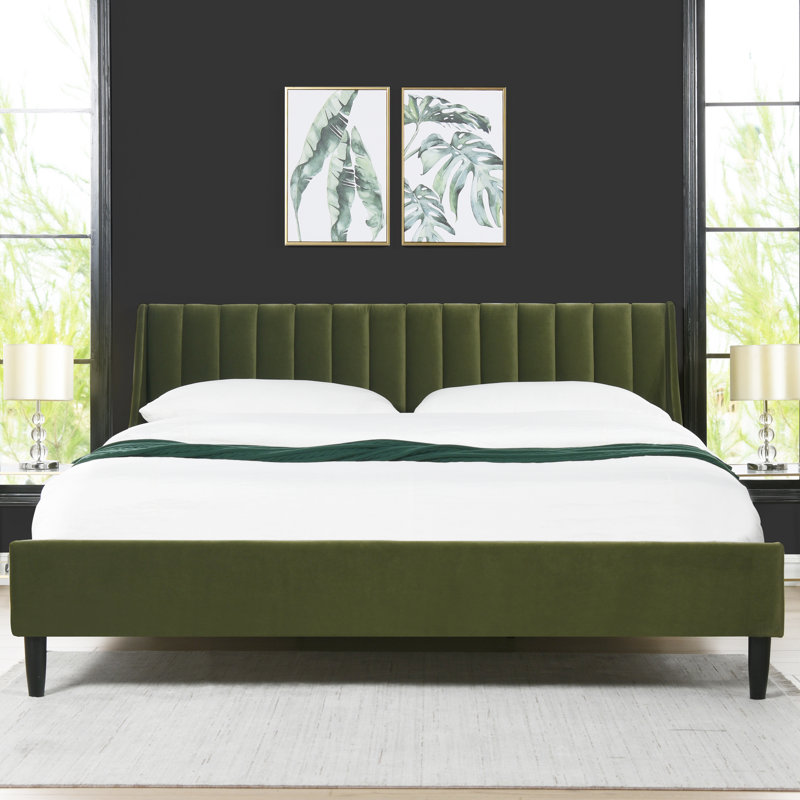 Lit plateforme tapissier Helaina, Très grand, Velours vert olive