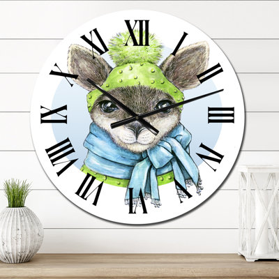 Portrait Of A Little Kangeroo With A Green Hat - Children's Art wall clock
