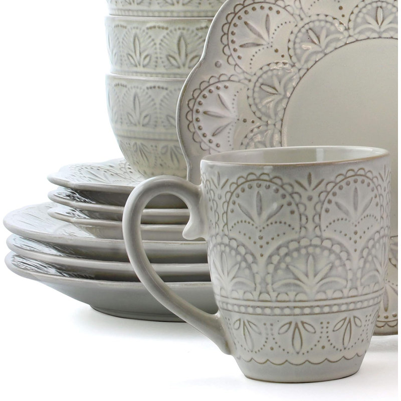 Elama White Lace 16 Piece Luxurious Stoneware Dinnerware With Complete Setting For 4