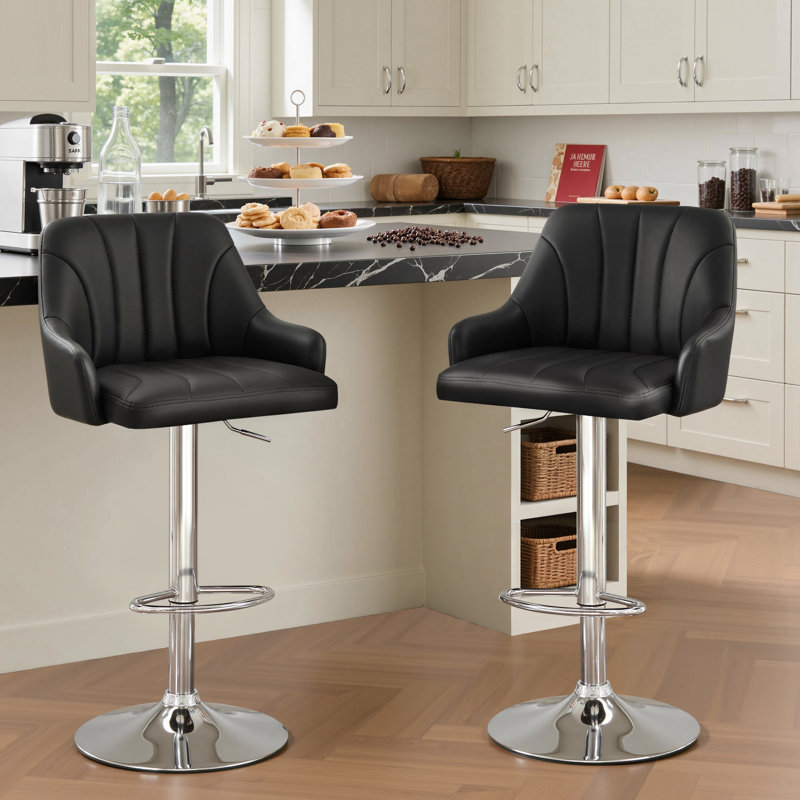 George Bar Stools Set of 2, Adjustable Swivel Barstools, Faux Leather Bar Chairs, Upholstered Counter Height with High Backrest Stool for Kitchen Island, Black