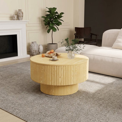 Table basse ronde moderne FFZ 29,53 po au design rayé et rangement dissimulé