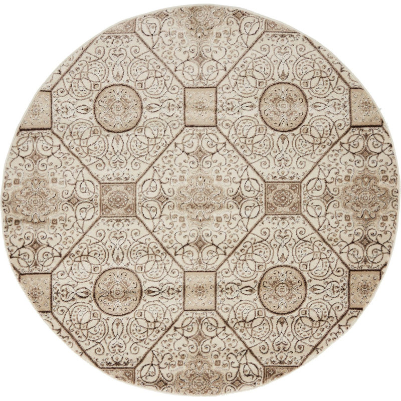 Tapis contemporain de couleur ivoire Emigdio, Rond 5 pi