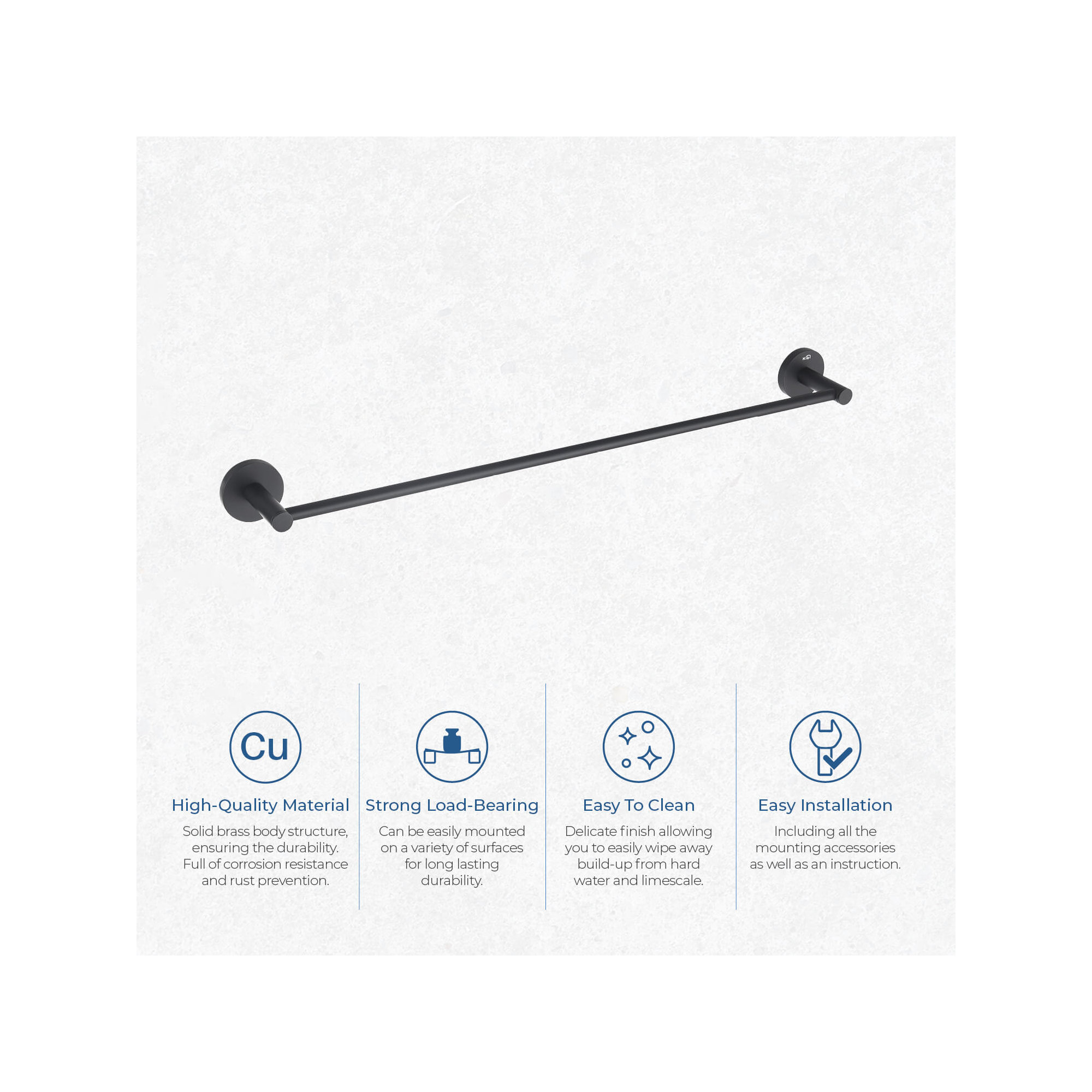 Wall Mounted Towel Bar, 2.13" H x 24" W x 2.88" D, Matte Black