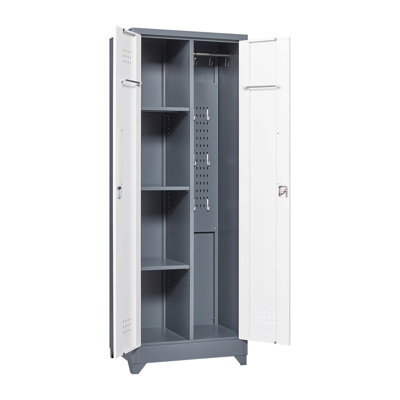 Armoire de rangement avec portes et tablettes verrouillables, armoire de rangement en métal d'une hauteur de 65 po avec tige de suspension et crochets en S, armoire de rangement pour outils de nettoyage