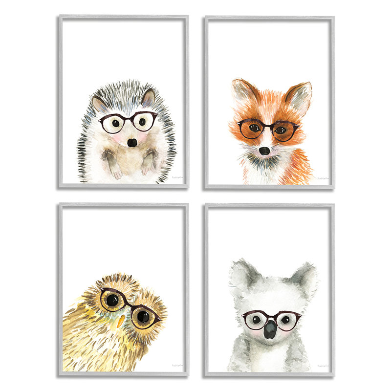 Adorables animaux de la forêt avec lunettes Owl Fox, H 20 po x l 16 po x 1,5 po, Estampe numérique Farmhouse