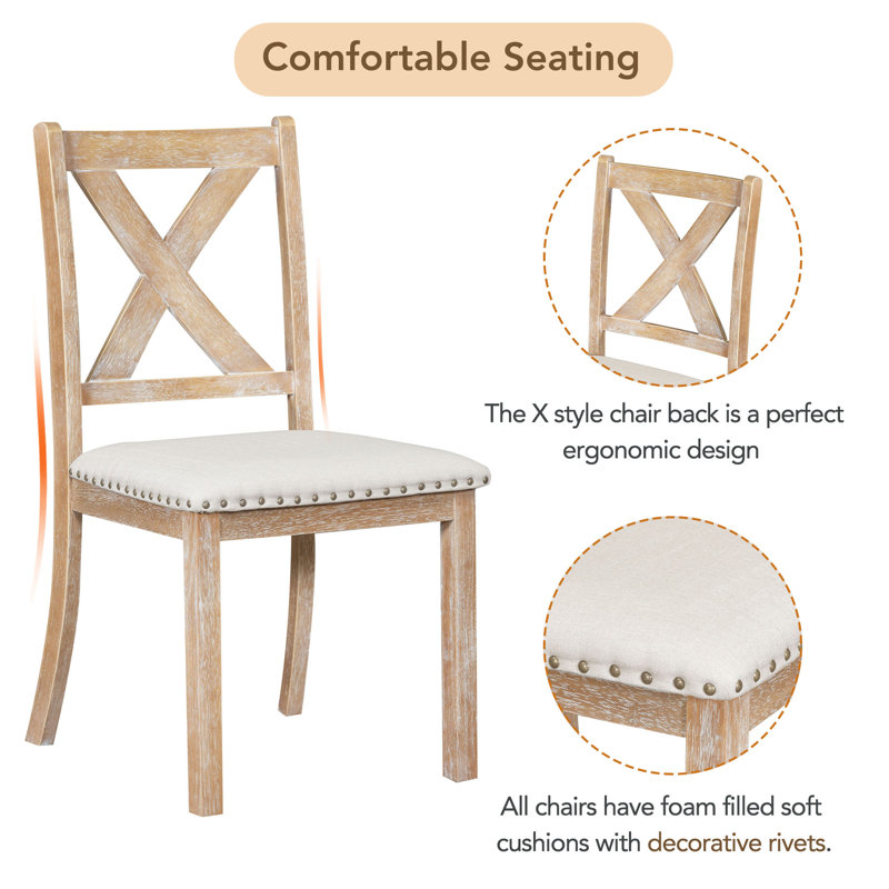 Farmhouse 6-Piece Extendable Dining Table Set – 82" Table with 2 Removable Leaves, Upholstered Chairs & Bench, Natural+Beige Cushion