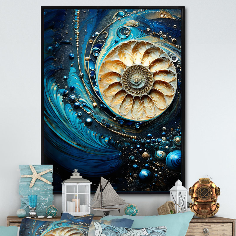 Nautilus, saphir, coquillages I sur toile, H 32 po x l 24 po x P 1 po, Cadre flottant noir