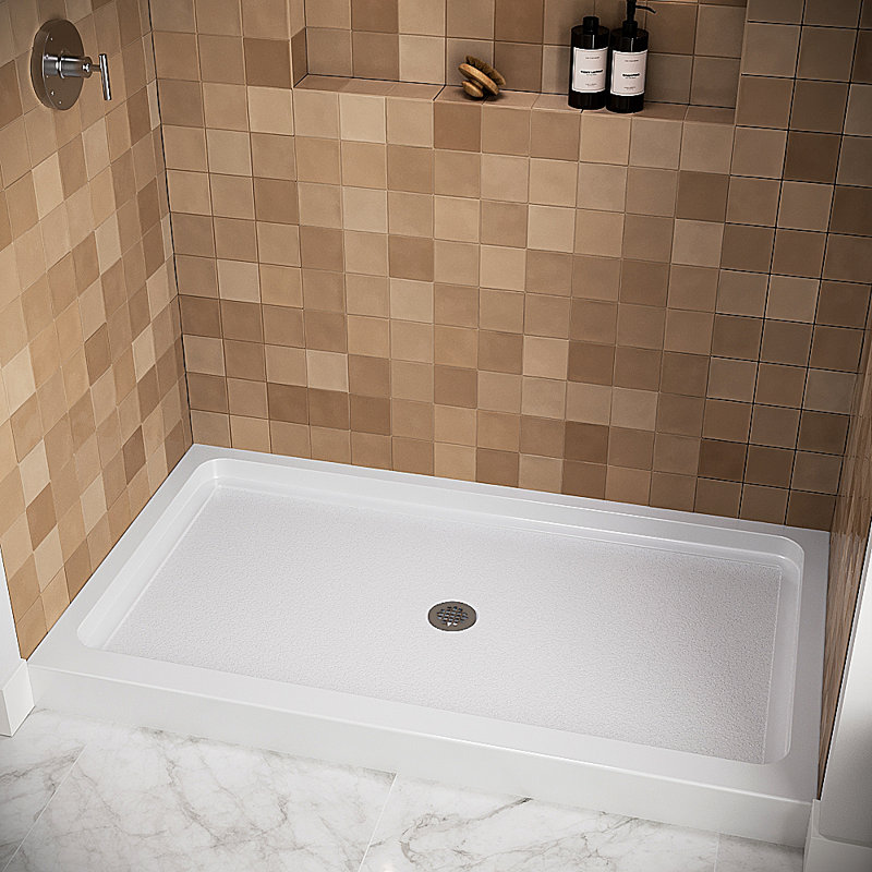 60 po x 34 po Base de douche en alcôve en acrylique blanc brillant avec bonde centrale, bonde incluse, Blanc lustré