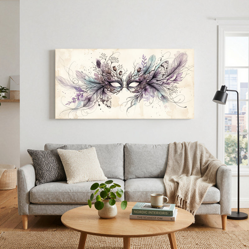 Ensemble de 1 tableau mural sur toile Masque de plumes, L 40 po x H 20 po, Toile tendue