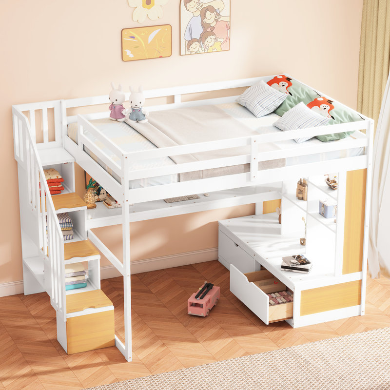 Lit mezzanine double avec bureau, tablettes, rangement - bureau blanc naturel et style simple