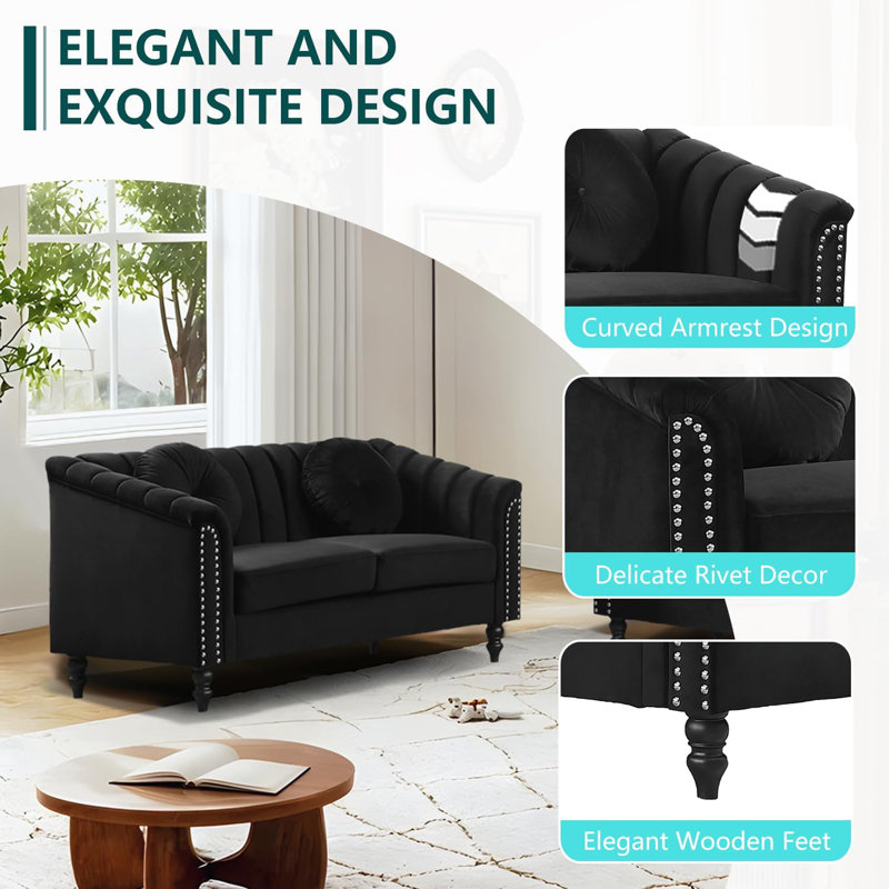 75" Upholstered Classic Chesterfield Sofa, Black