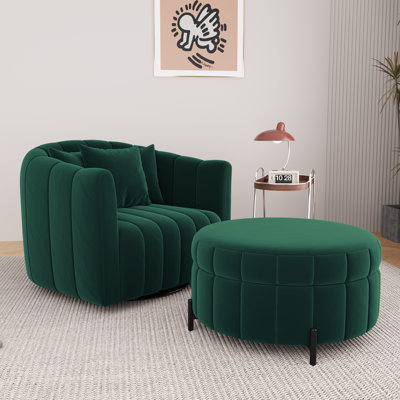 40.3" W Upholstered Swivel Accent Barrel Chair With Storage Ottoman
