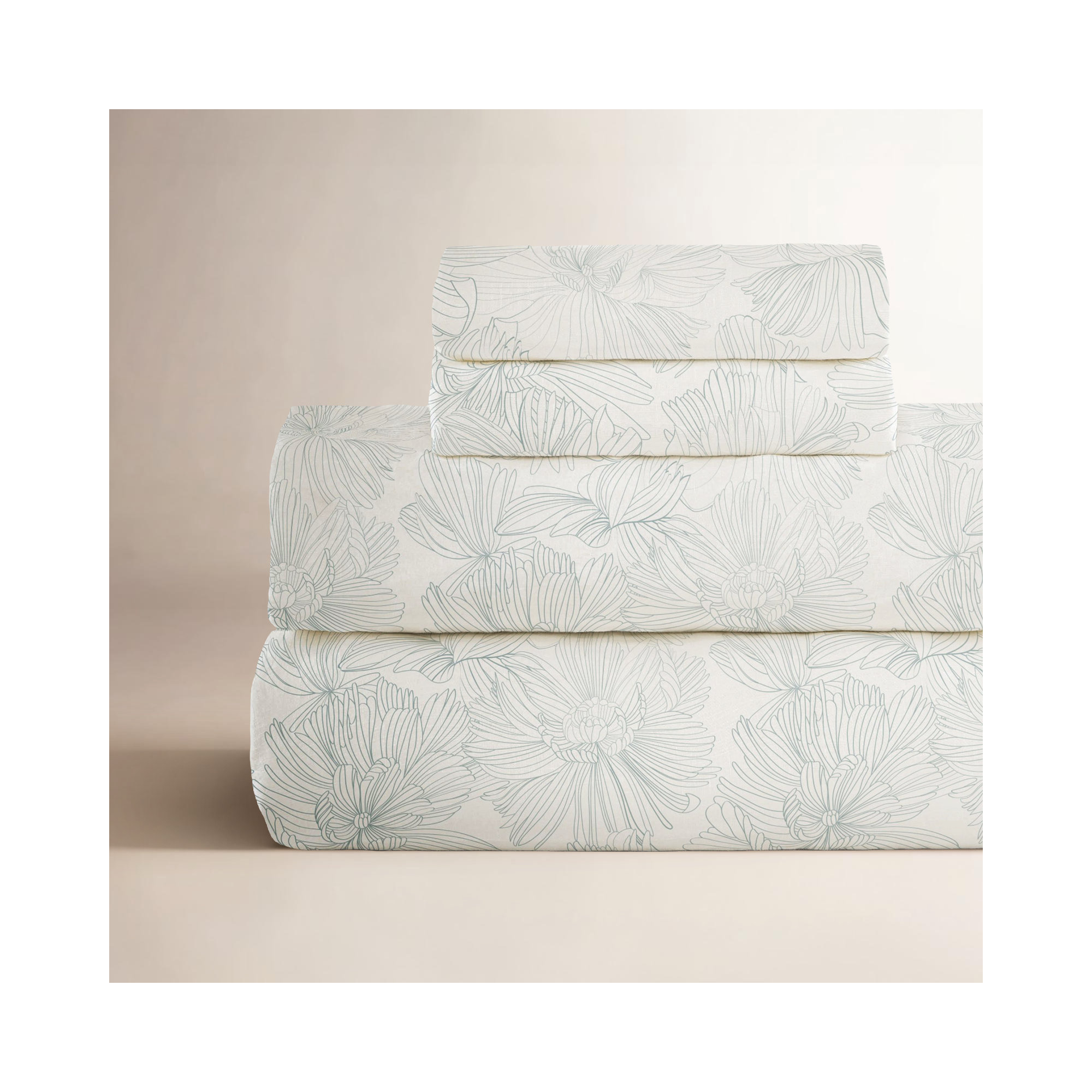 100% French Linen Sheet Set, Queen Sheet Set with 2 Pillowcases, Cream/Wave Floral