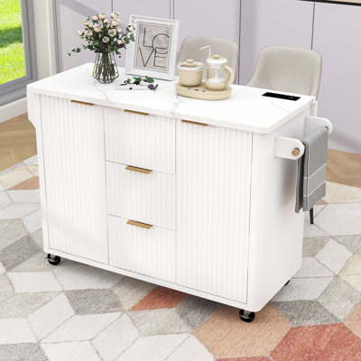 Kitchen Island with Drop Leaf, Power Outlet, Adjustable Shelves, 3 Drawers and Ample Storage