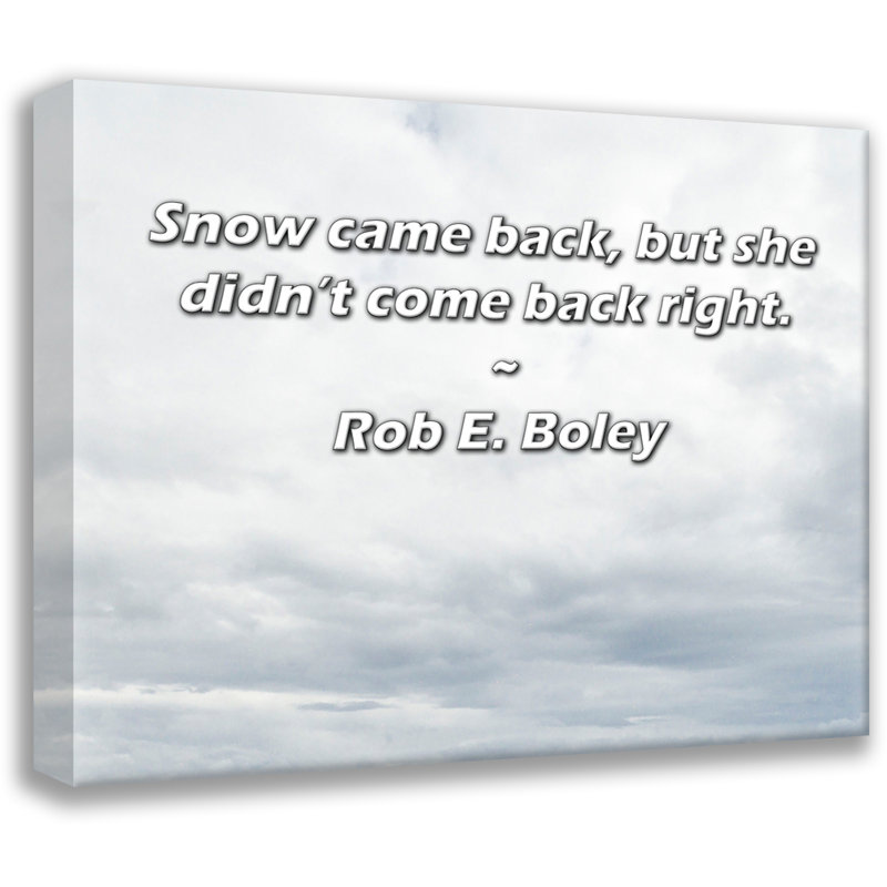 Citation artistique «La neige est de retour, mais elle n'est pas rentrée». Toile tendue par Rob E Boley, H 17 po x l 24 po