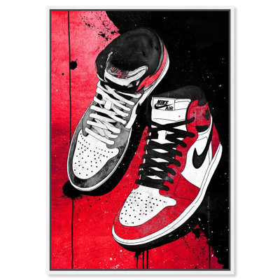 Sneakers on Red and Black Canvas Print Sneaker Wall Art by Art Remedy, White Frame, 36 x 54