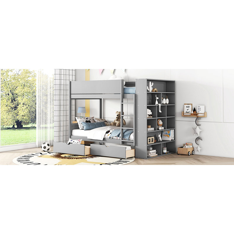 Lit superposé simple au-dessus de simple avec 2 tiroirs et armoire à couches multiples, gris, Gris