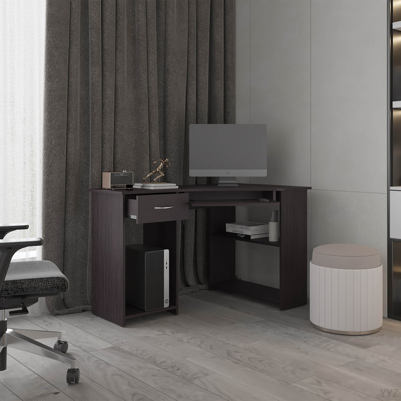 Bureau en coin H 29,5 po, 2 tiroirs, 3 tablettes, wengé noir - Bureau, Noir
