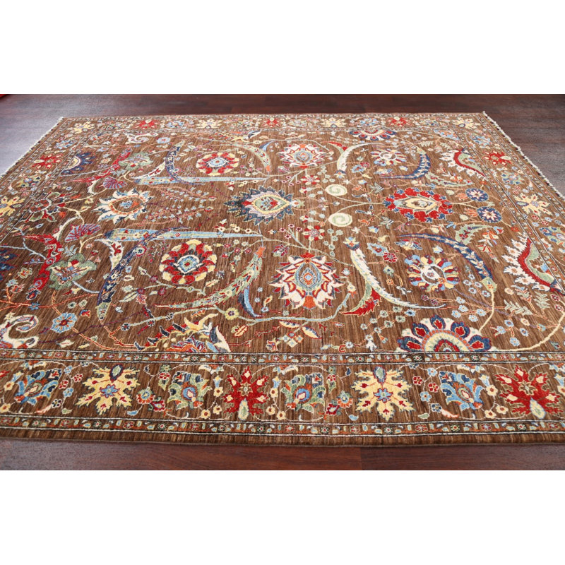 Tapis brun en laine noué à la main de conception unique 8 pi 1 po x 10 pi 0 po Mahckie