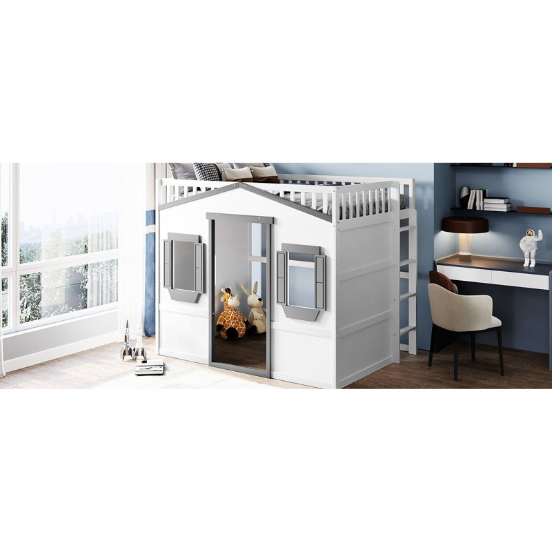 Lit mezzanine double avec structure en pin massif blanc et gris pour une chambre à coucher attrayante et fonctionnelle