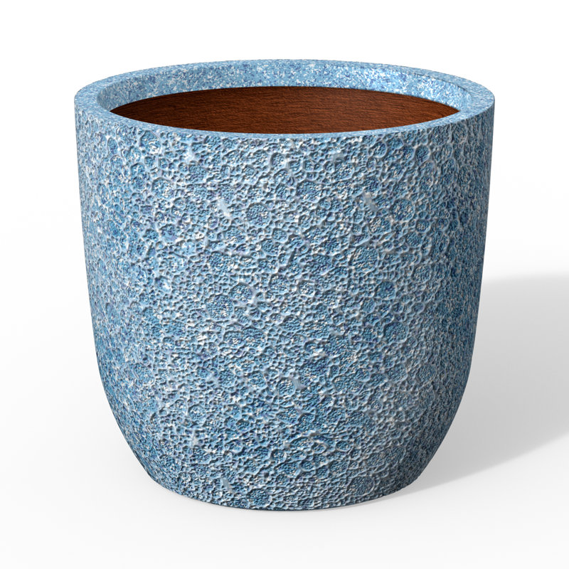 14 in. Medium Blue Patina(Enhanced Interior) Concrete Round Planter / Pot with Drainage Holes, 12.6" H x 13.39" W x 13.39" D