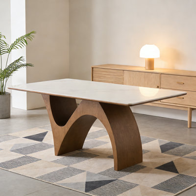 Modern Dining Table With Marble-like Stone Top And Sculptural Wooden Base