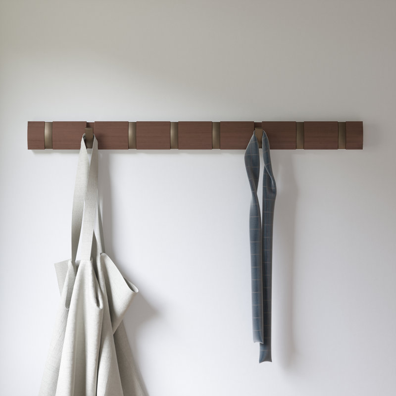 Walnut Wall Mounted Coat Rack with 8 Retractable Hooks