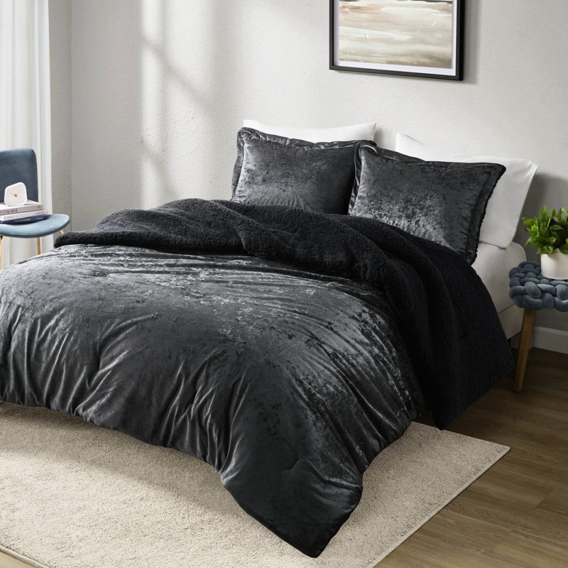 3 pièces, double / grand, velours froissé, édredon réversible, gris anthracite, rembourrage, - velours double / grand pour un côté doux et confortable, rembourré, lavable à la machine