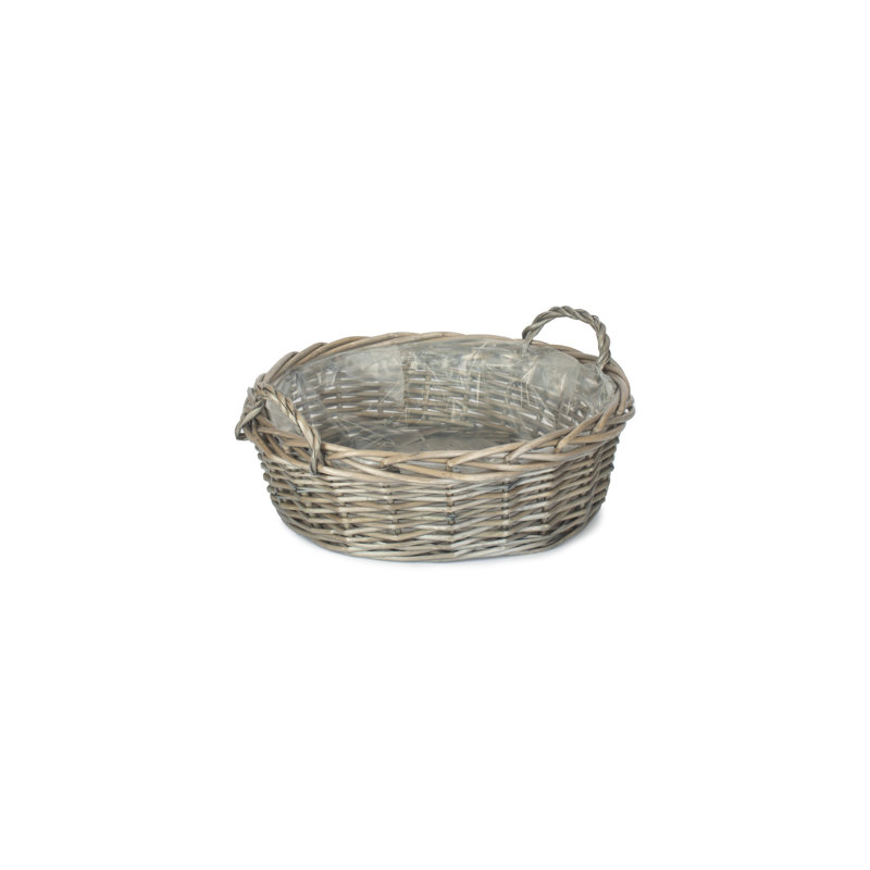 Wicker Round Storage Display Tray Basket with Lining, Antique Wash, 18cm H x 41cm W x 41cm D