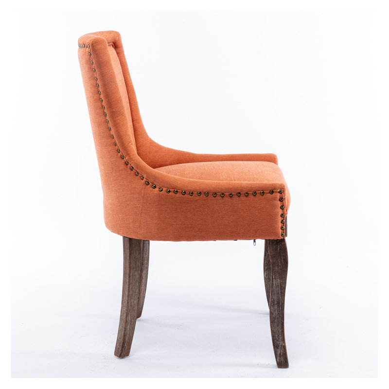 Side Dining Chair, Thickened Fabric Chairs With Neutrally Toned Solid Wood Legs, Bronze Nail Head, Set Of 2, Orange, Orange