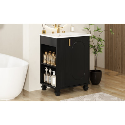 Meuble-lavabo 24 po avec finition peinte en noir, lavabo en céramique, armoire à fermeture douce et compartiments de rangement multifonctionnels, cadre en bois massif de 24 po, porte, lavabo lisse sous le comptoir