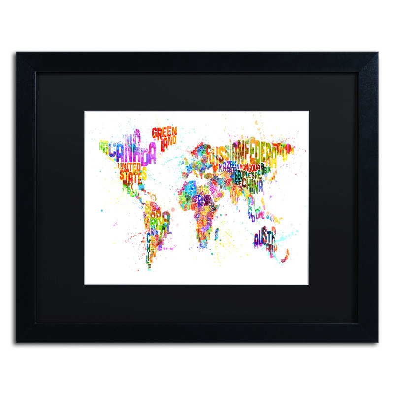 « painting splashs map text map of the world » par michael tompsett, impression encadrée, Noir, H 16 po x l 20 po