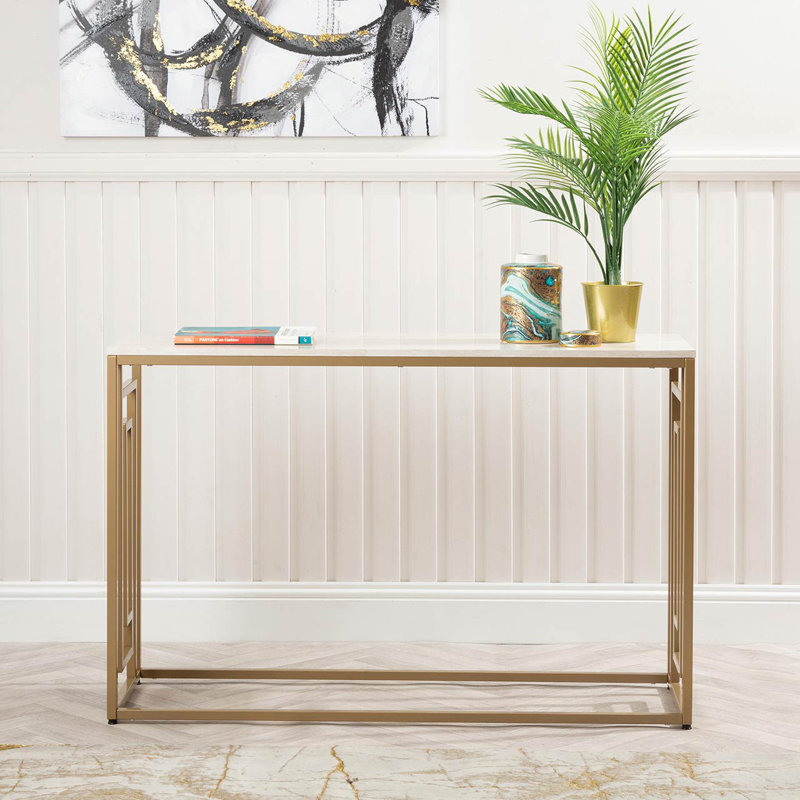 Adonus Wood Top Console Table for Living Room Furniture, Metal Hallway Table, Cream, Gold