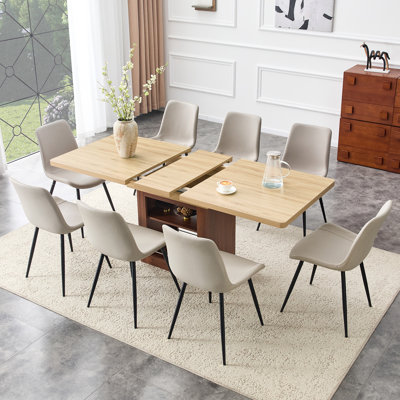 Ensemble de table de salle à manger et de chaises évolutives, table coulissante de 59 à 71 pouces, ensemble de 8 chaises en polyuréthane artificiel gris chaud avec coussins arrondis. Convient aux salles à manger, aux bureaux, etc.